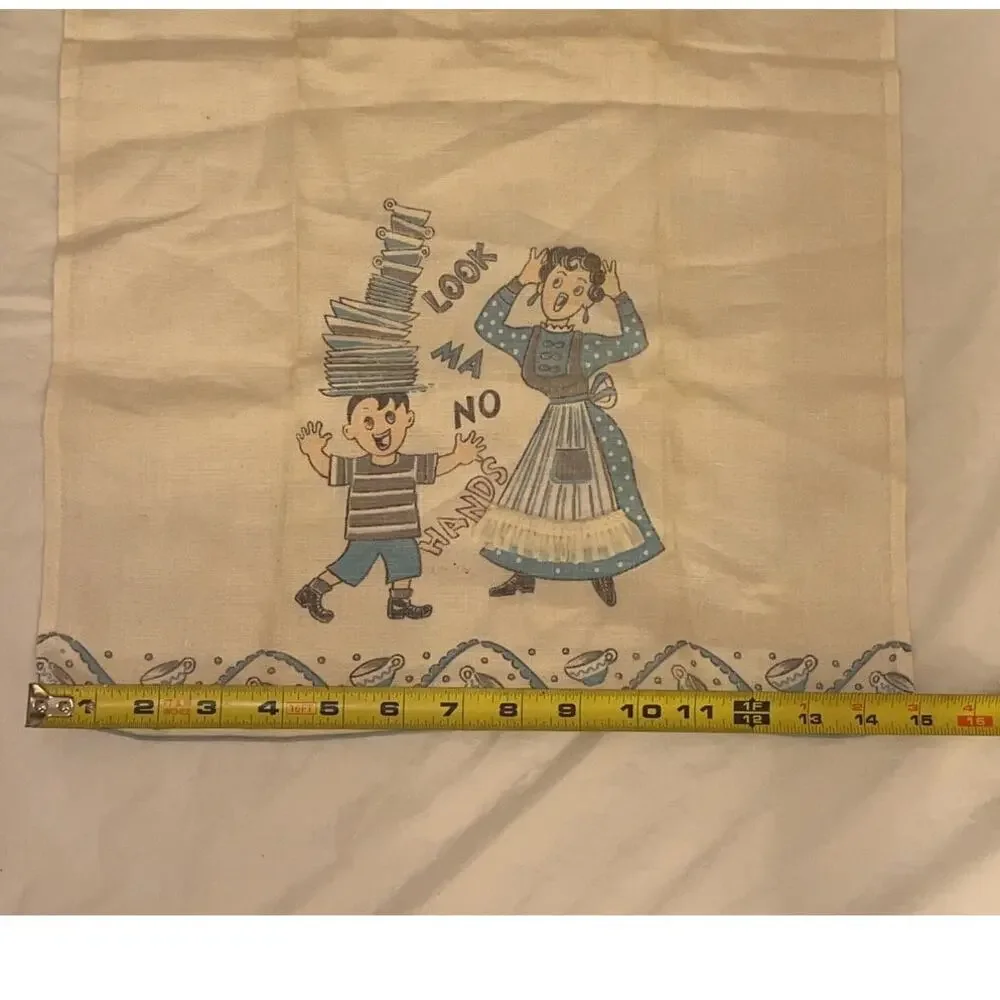 Vintage Lot of 2 Tea Kitchen Towel  - Look Ma No Hands - Off White / Blue